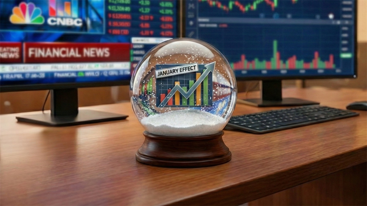 Desk with screens and a snow globe showing January effect stock chart, reflecting small-cap ETF seasonality.