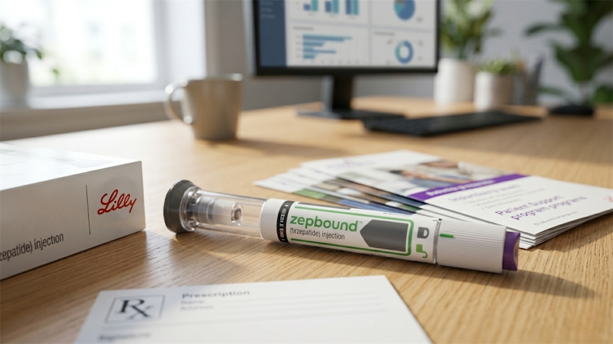 Eli Lilly Zepbound injection pen on desk.