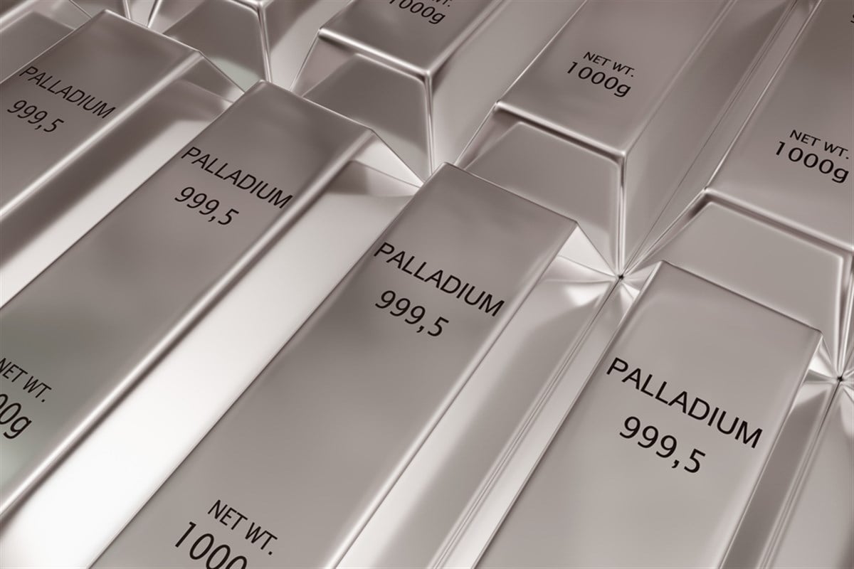 Stacked rows of shiny palladium ingots or bars background - precious metal or money investment concept, 3D illustration