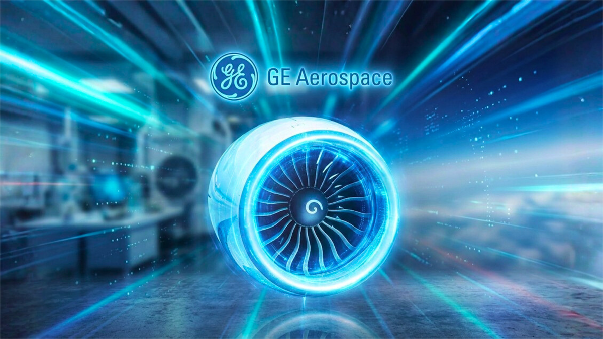 GE Aerospace jet engine graphic with company logo, highlighting aviation demand and GE stock focus.