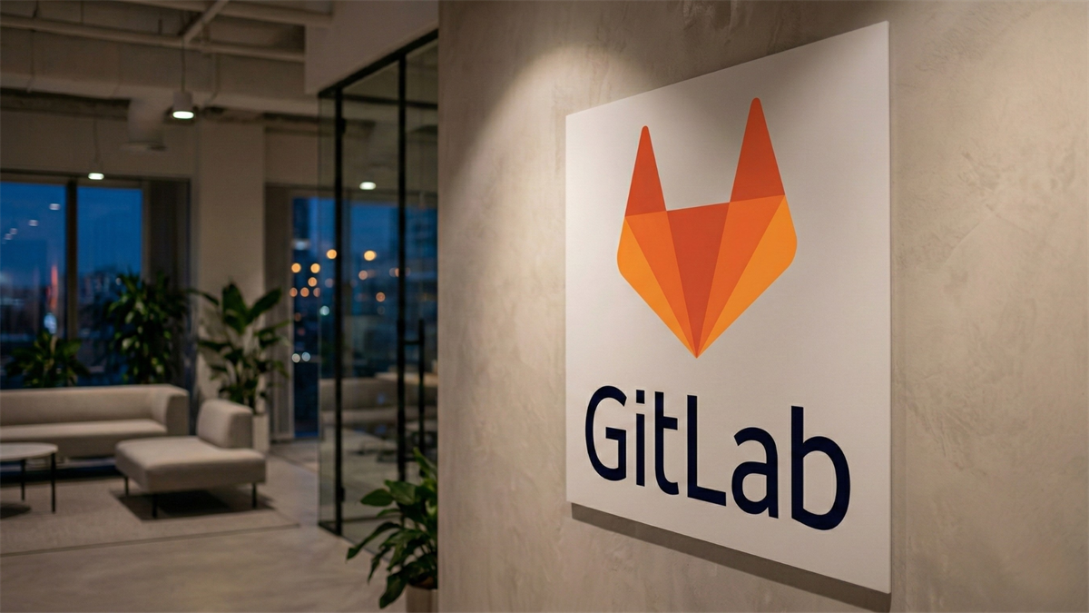 Modern GitLab office interior with large wall-mounted GitLab logo sign in a sleek workspace, representing AI-driven software development and DevOps industry growth.