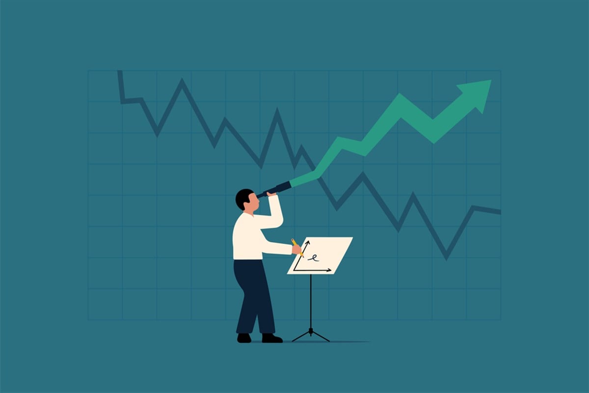 Forward Looking Growth Analysis. Businessman with Telescope and Chart. Vector Business Illustration