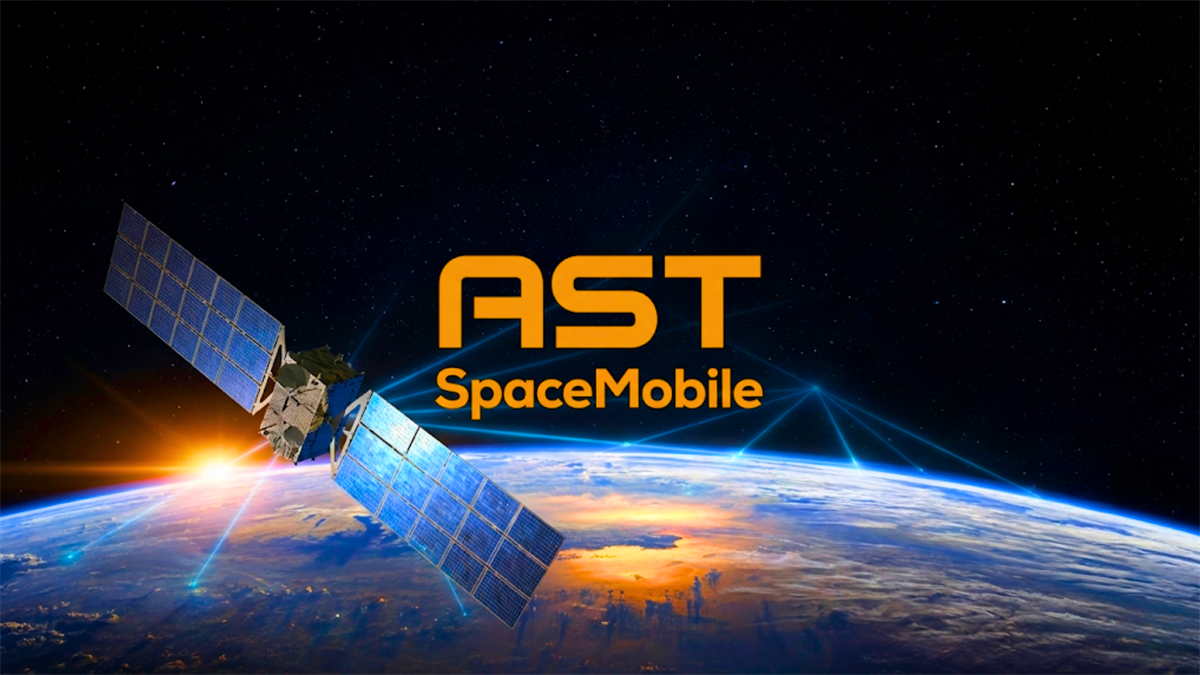 AST SpaceMobile logo above a satellite in orbit over Earth, highlighting space-based wireless expansion.