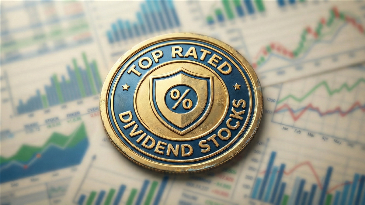 Gold “Top Rated Dividend Stocks” badge over financial charts highlights demand for reliable income-focused equities.
