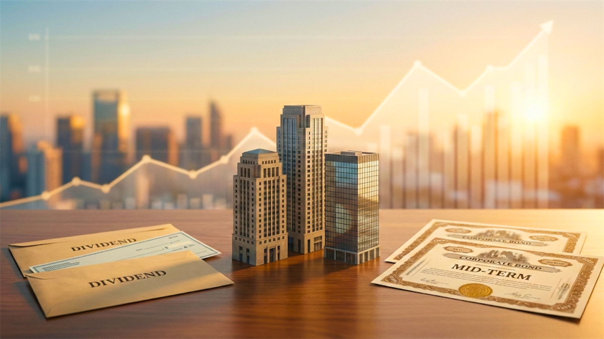 Dividend envelopes, bond certificates, and miniature buildings symbolizing income investing.