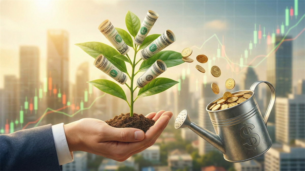 Hand holds a money plant as coins pour from a watering can, with a rising stock chart in the background.