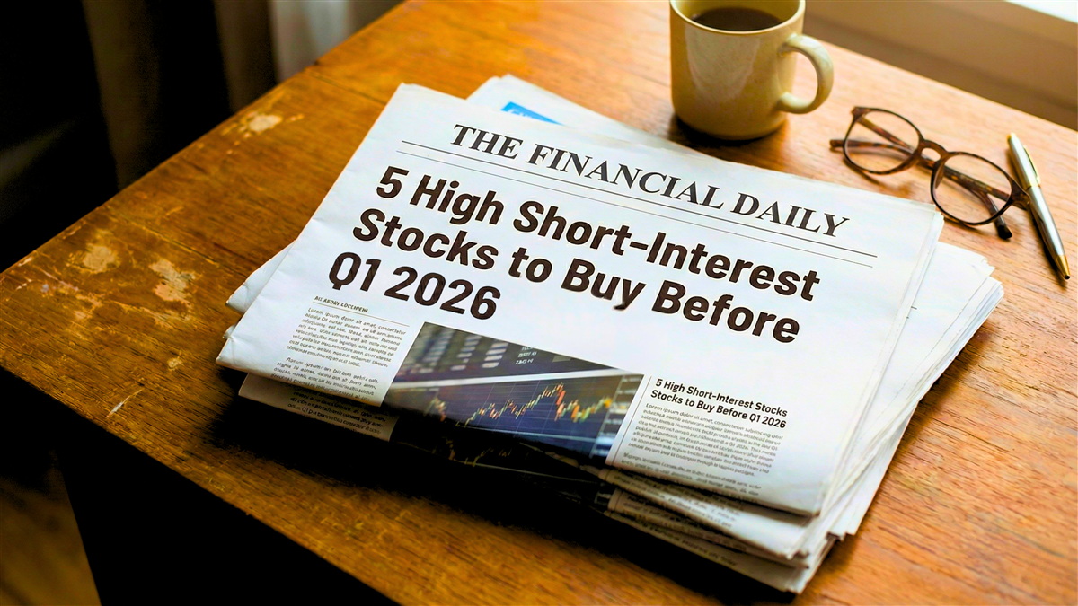 Newspaper headline on a desk highlights rising interest in high short-interest stocks ahead of Q1 2026.