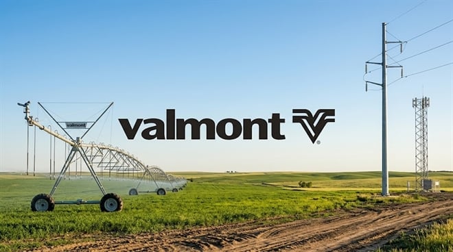 Valmont Industries logo overlaid on a field scene featuring a center-pivot irrigation system and utility infrastructure.