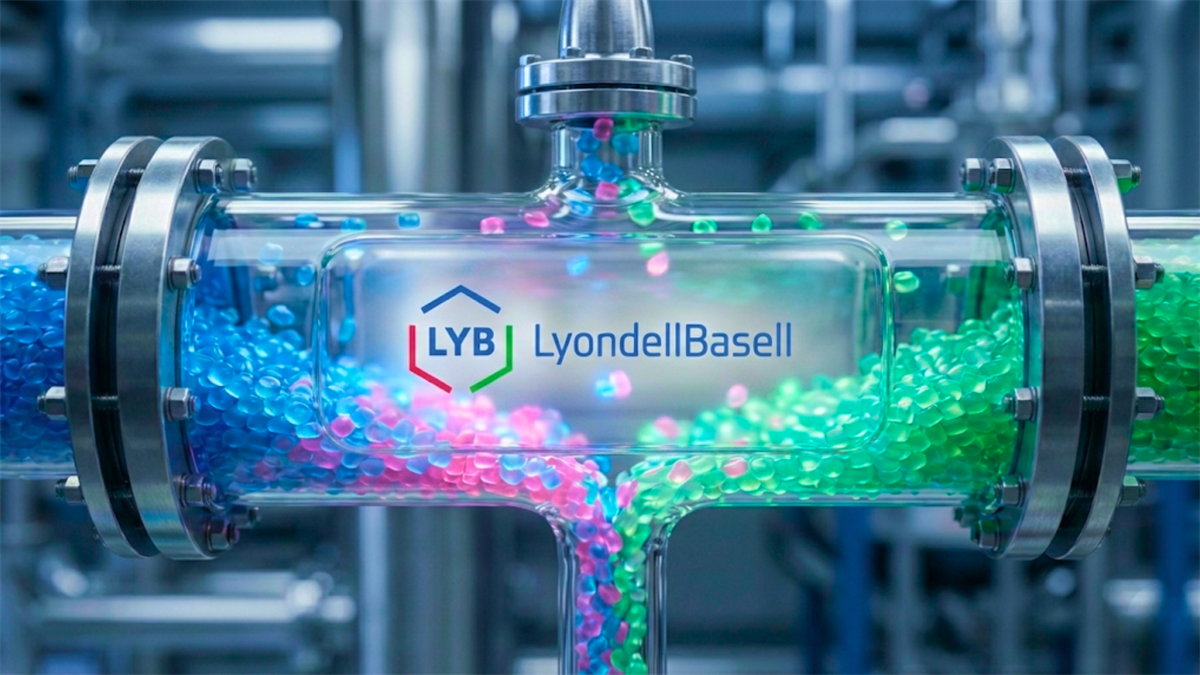 LyondellBasell logo on industrial piping with plastic pellets, highlighting petrochemicals output and dividend focus.