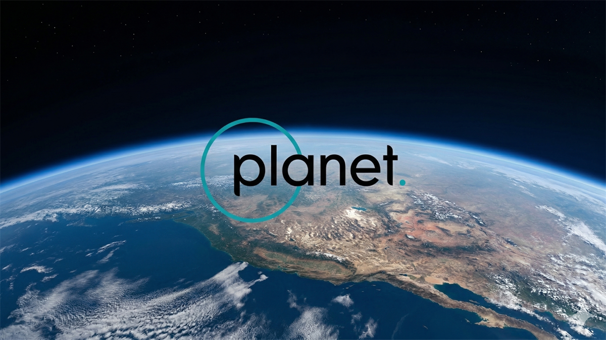 Planet Labs Earth view with branding, illustrating satellite imaging growth and geospatial data expansion.
