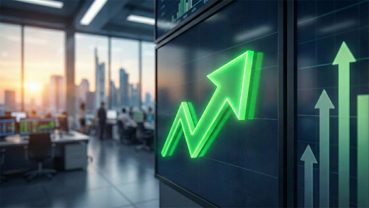 Investment office displaying a neon green arrow to symbolize a bullish rebound.
