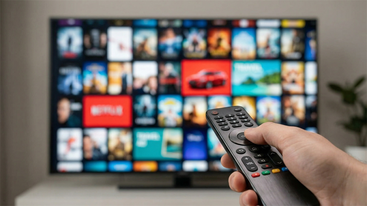 Hand holding remote toward smart TV with streaming apps, illustrating growth of connected TV advertising and digital ads.