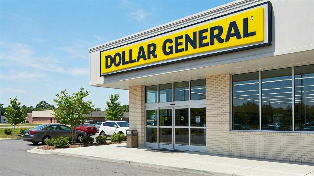 Dollar General storefront with bright yellow brand sign above entrance, representing discount retail chain performance and stock recovery.