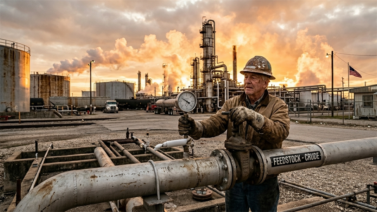 Refinery worker adjusts crude feedstock valve and gauge as crack spreads boost refining margins and small-cap oil stock outlook.