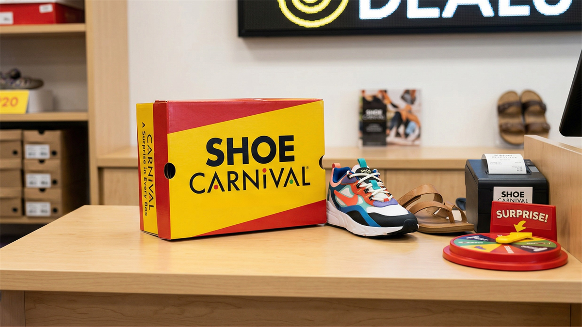Shoe Carnival retail display with branded box and footwear highlights weak outlook impact on stock despite strategic pivot potential.