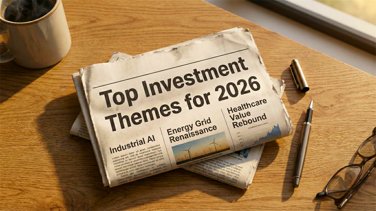 A newspaper headline highlights 2026’s top investment themes in AI, energy, and healthcare.