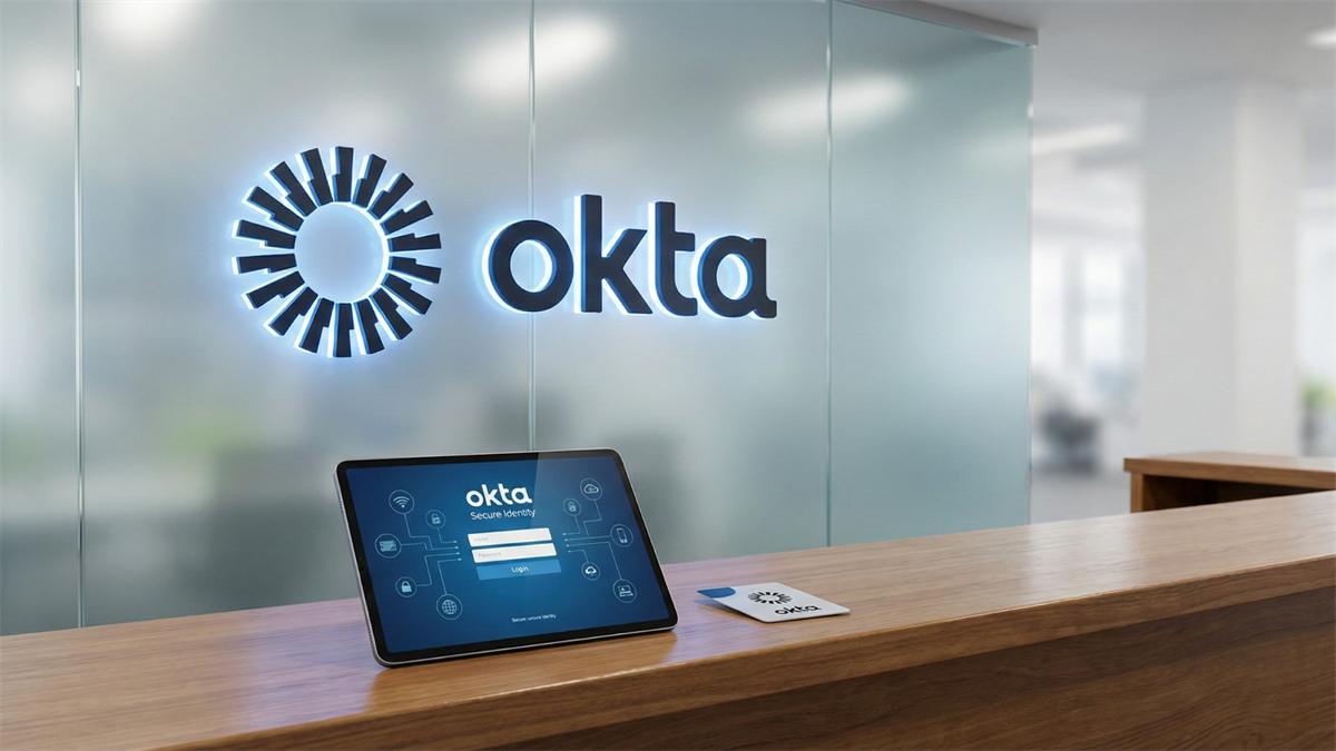 Imaginative depiction of Okta office lobby with illuminated Okta logo and tablet showing secure identity software, reflecting cybersecurity business confidence.