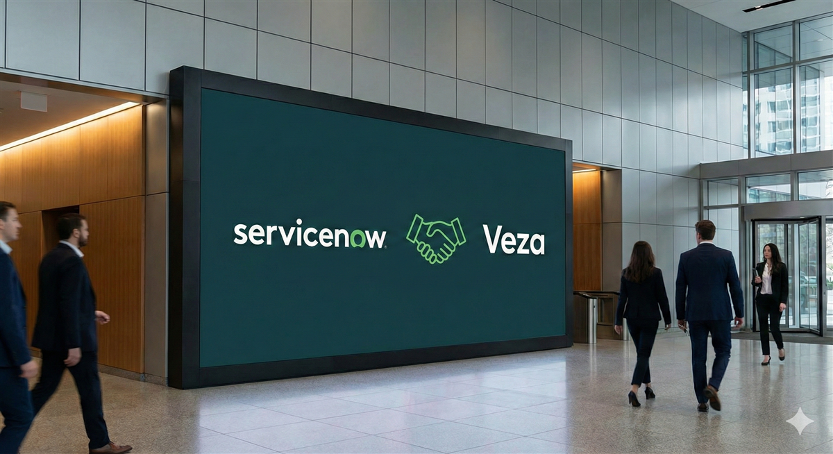 ServiceNow and Veza logos appear on a large lobby display highlighting a new enterprise partnership with market implications.