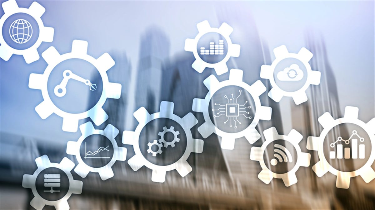 Automation technology and smart industry concept on blurred abstract background. Gears and icons. — Photo