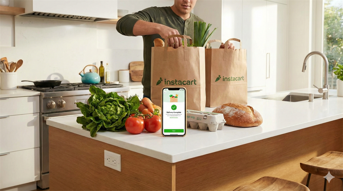Instacart grocery delivery bags and app shown in a kitchen as investors push shares higher after a pricing penalty setback.