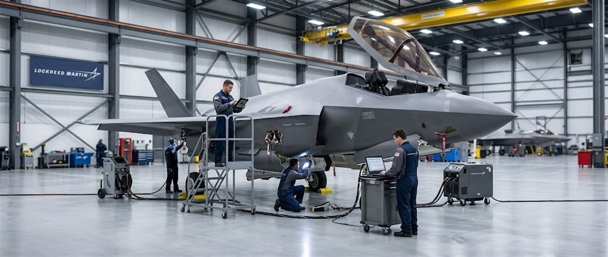 Lockheed Martin technicians perform maintenance on an F-35 fighter jet inside a manufacturing hangar.