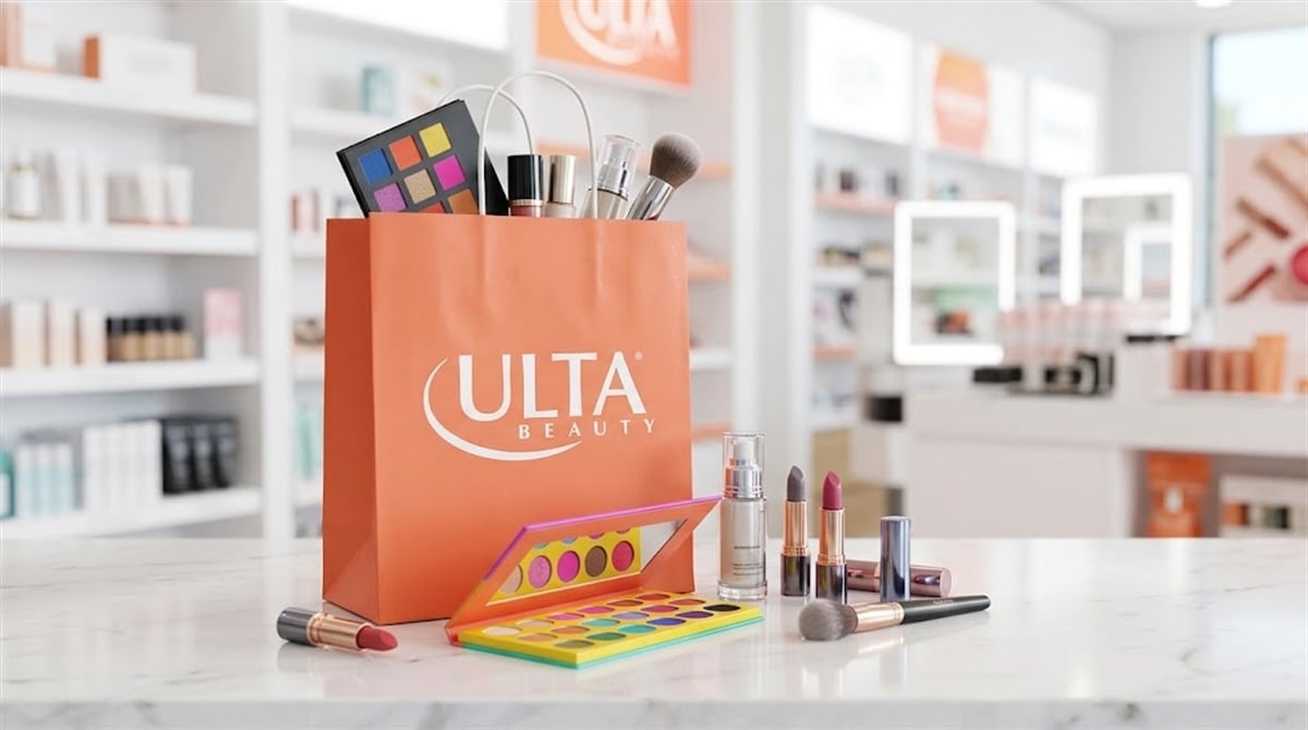 An Ulta Beauty branded shopping bag surrounded by cosmetics products inside a retail store.