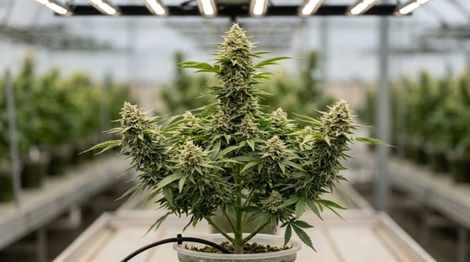 A flowering cannabis plant growing in a commercial indoor greenhouse facility under artificial lighting.