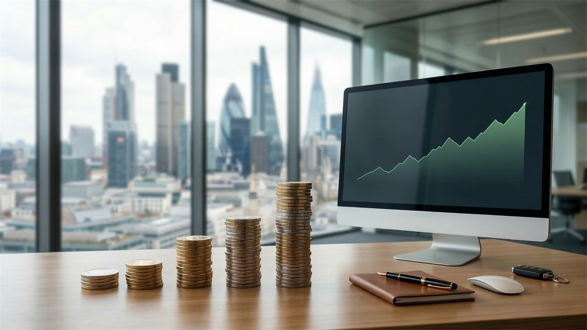 Stacks of coins rising on a desk beside a computer with an upward stock chart, with a blurred city skyline behind.