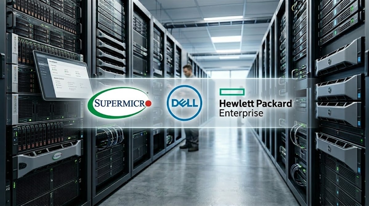Logos of Supermicro, Dell, and Hewlett Packard Enterprise overlaid on a data center aisle with server racks.