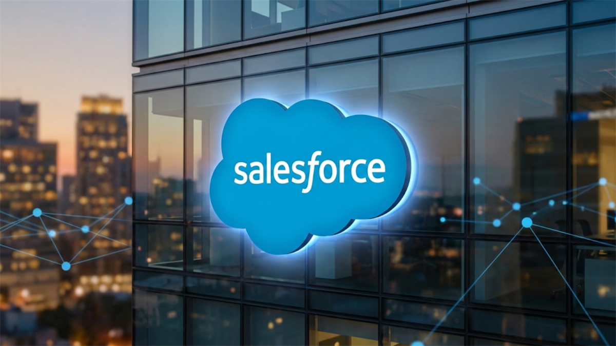 Salesforce logo glows on a glass tower at dusk, emphasizing the company’s enterprise cloud presence.