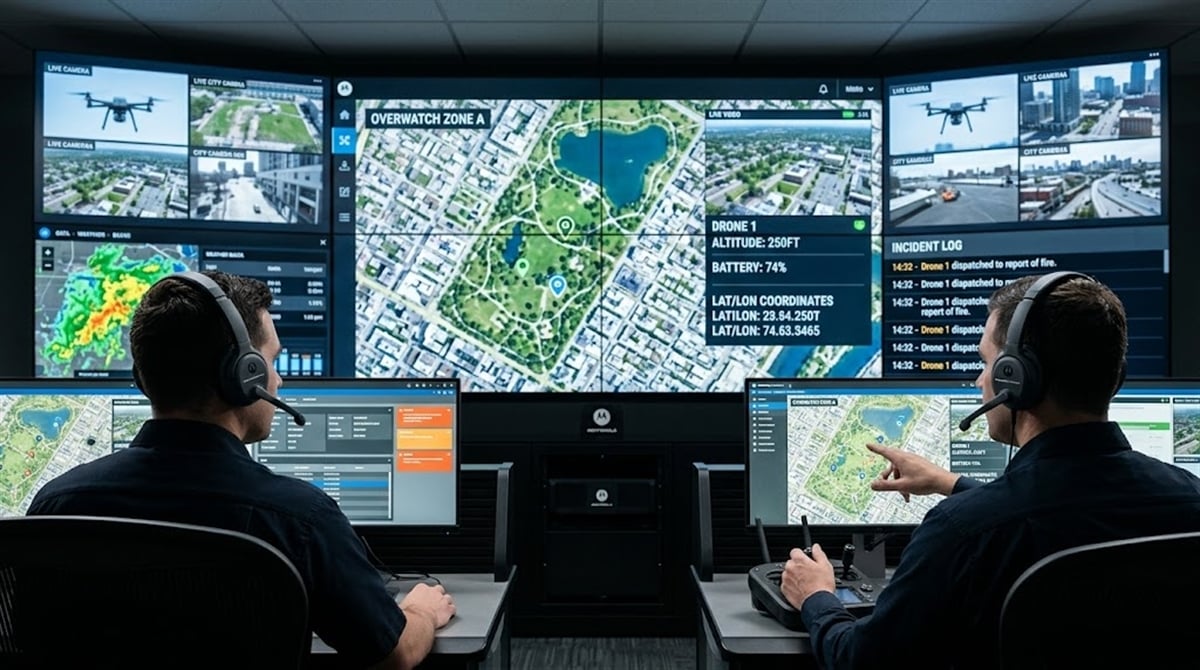Two operators wearing headsets monitor drone surveillance feeds and mapping data on Motorola Solutions screens in a command center.