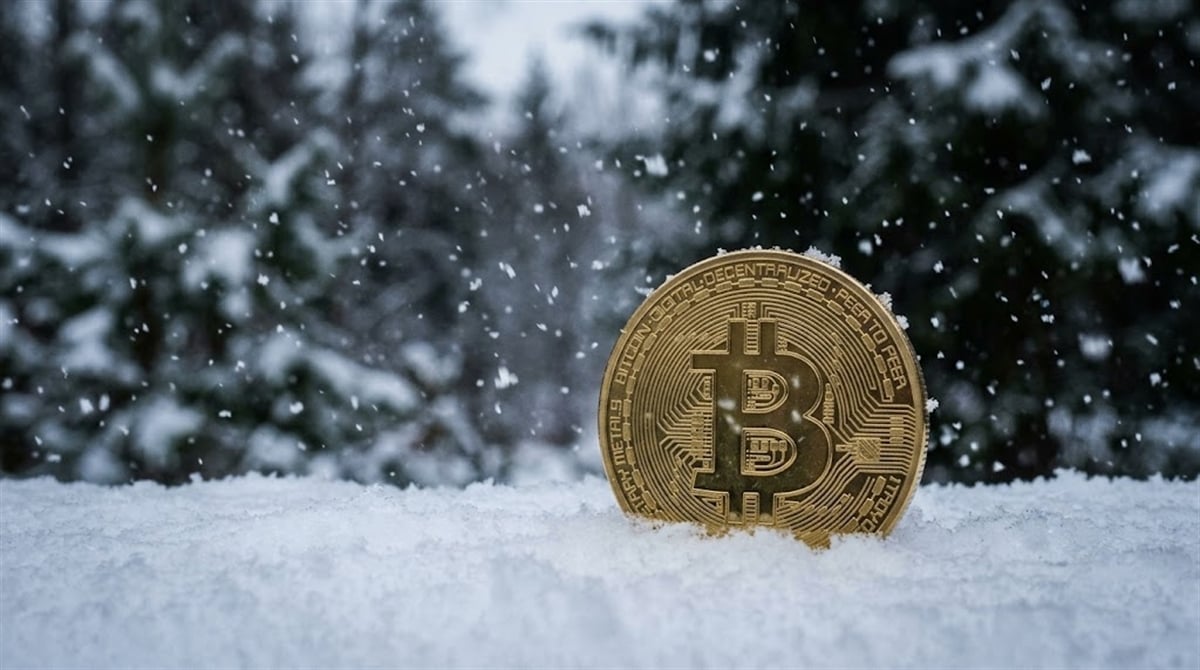 A gold Bitcoin physical coin rests in snow with snow-covered evergreen trees in the background.