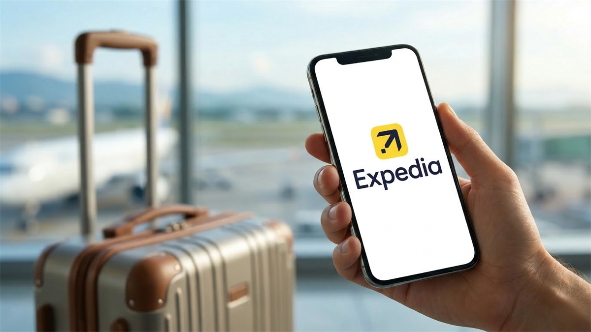 Smartphone showing Expedia app logo beside a suitcase in an airport, representing the online travel platform.
