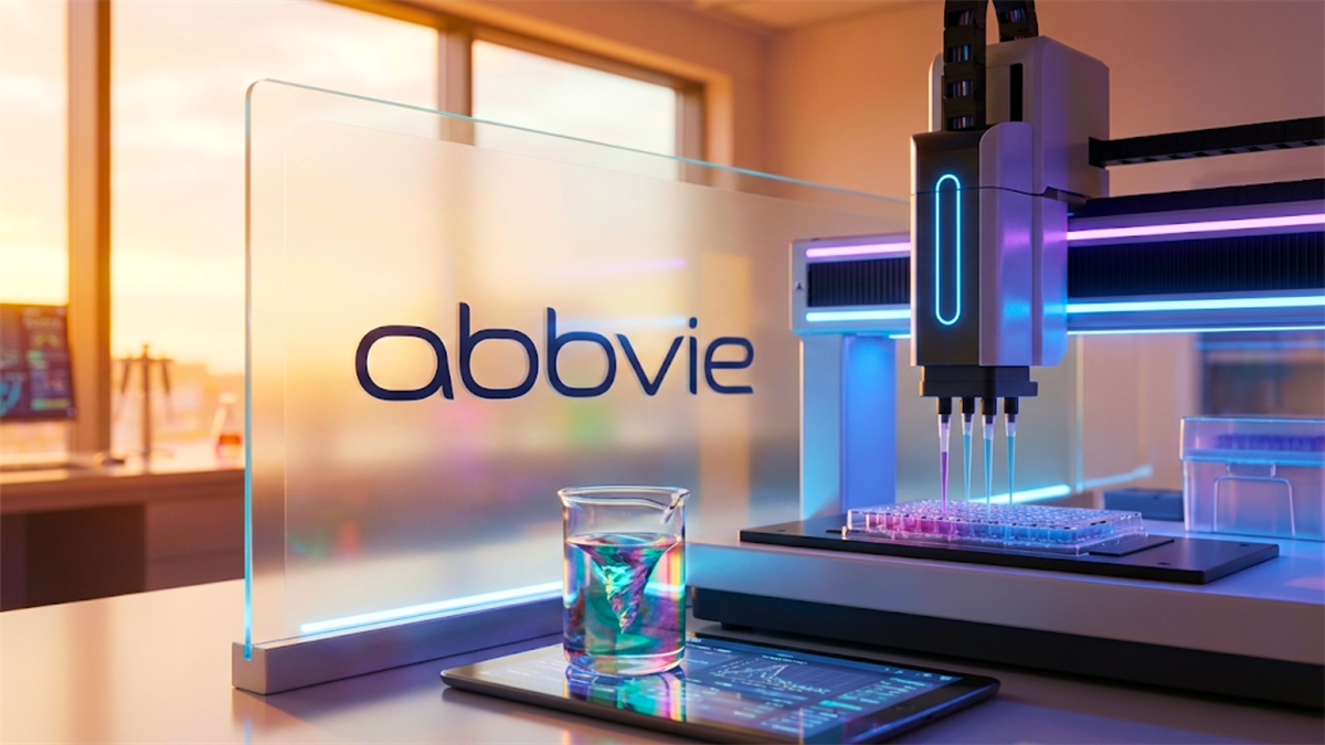 AbbVie logo on glass panel beside automated lab pipetting system, highlighting pharma R&D pipeline and ABBV stock focus.