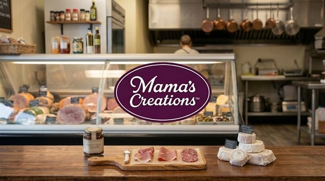 Mama's Creations logo displayed over a deli counter with charcuterie, cheese, and prepared foods.