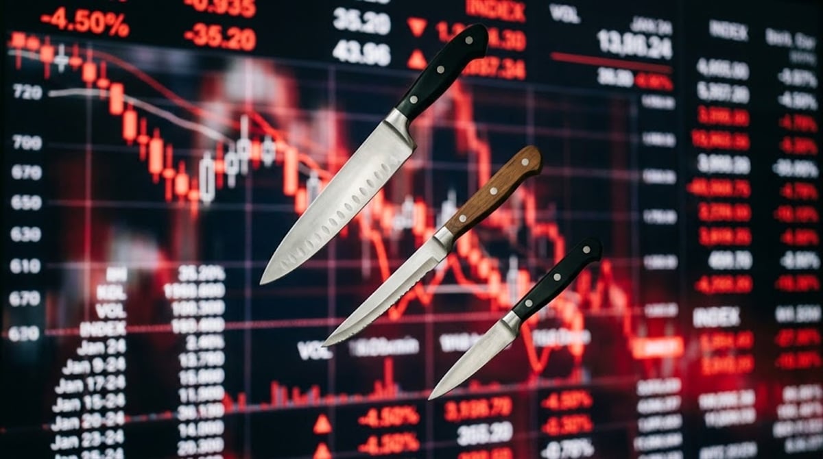 Three kitchen knives overlaid on a red stock market ticker board showing sharp price declines.