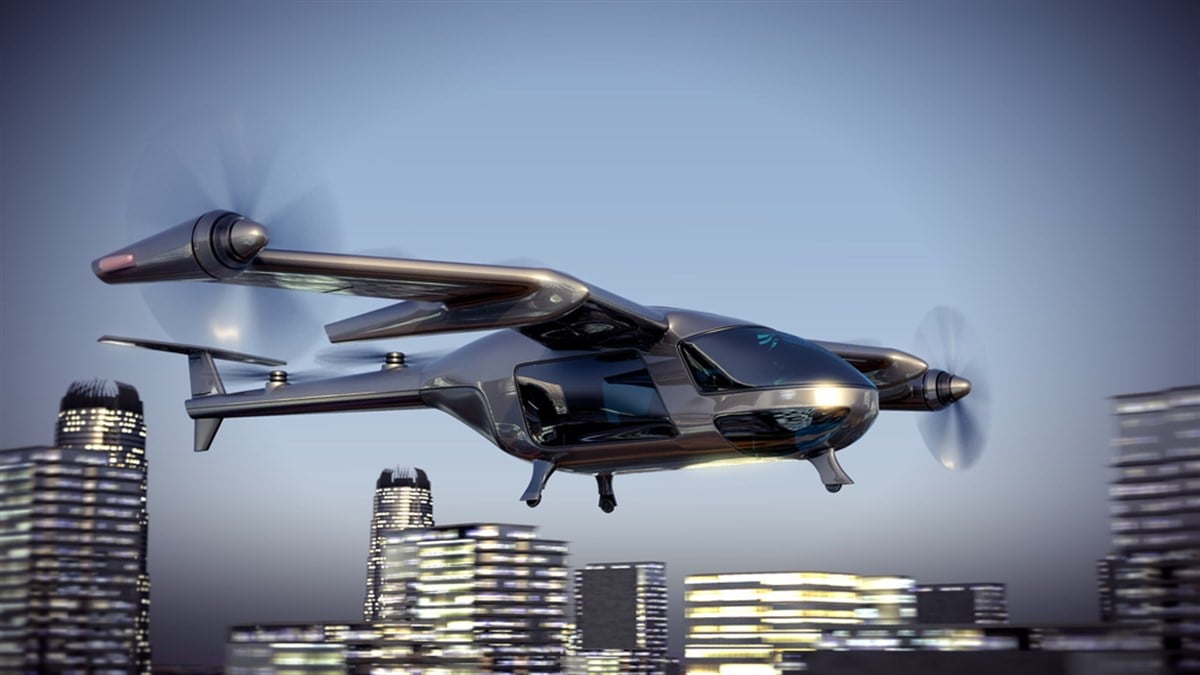 Flying Taxi Drone Going Through the City. 3d illustration