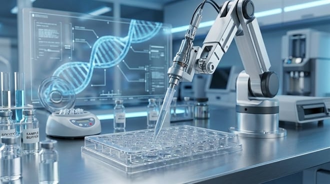 A robotic arm dispenses liquid into a multi-well plate in an automated pharmaceutical laboratory setting.
