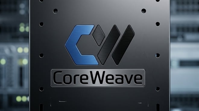 CoreWeave logo on a server rack.