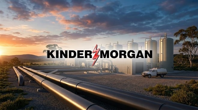 Kinder Morgan logo overlaid on an image of industrial pipelines and storage tanks at sunset.