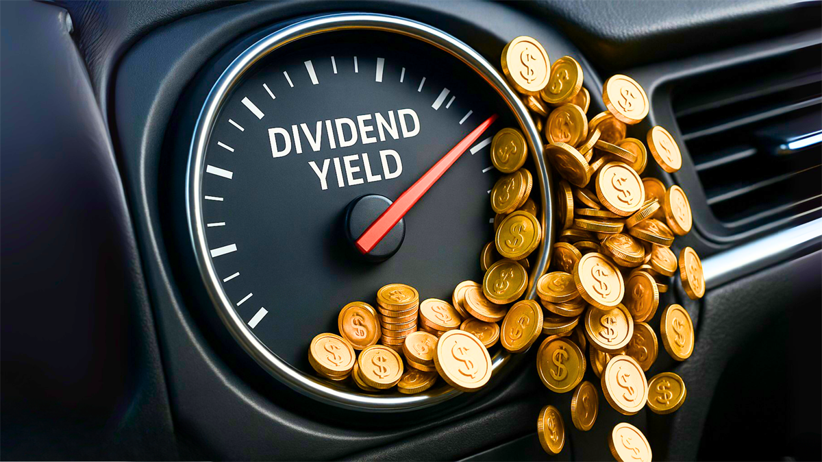 Dividend-yield gauge maxed out with coins spilling out, representing high-yield income potential.