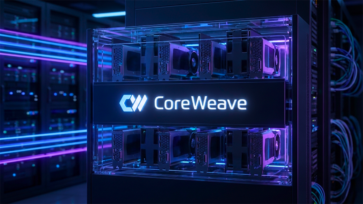 CoreWeave-branded GPU server rack displayed in a blue-lit data center environment.