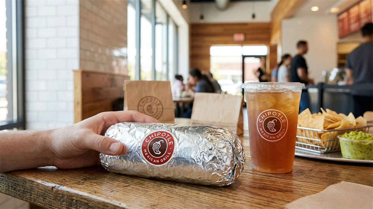 Chipotle burrito and drink on table in busy restaurant, highlighting fast-casual dining traffic rebound and brand appeal.