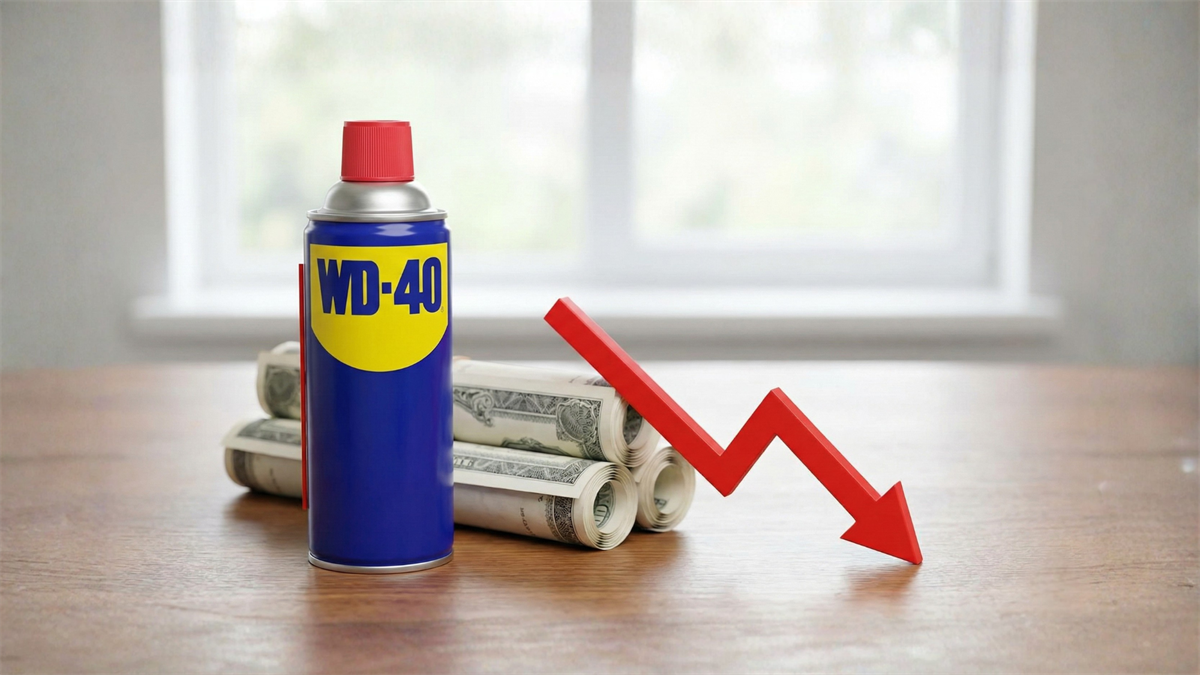 WD-40 spray can beside rolled US dollar bills and a red downward arrow, signaling pressure on consumer spending and sales.