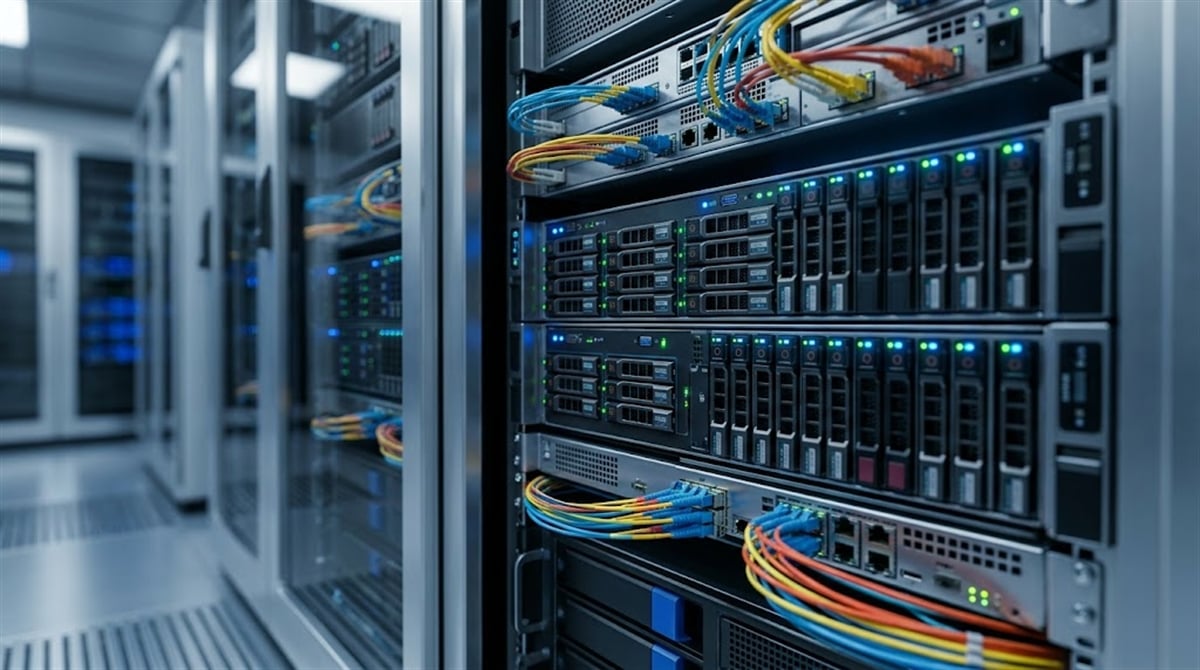 Rows of rack-mounted servers with multicolored ethernet cables in a data center.