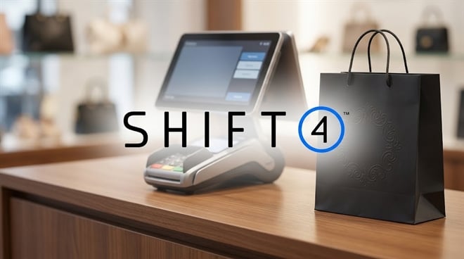 Shift4 logo overlaid on a retail point-of-sale terminal and shopping bag at a store counter.