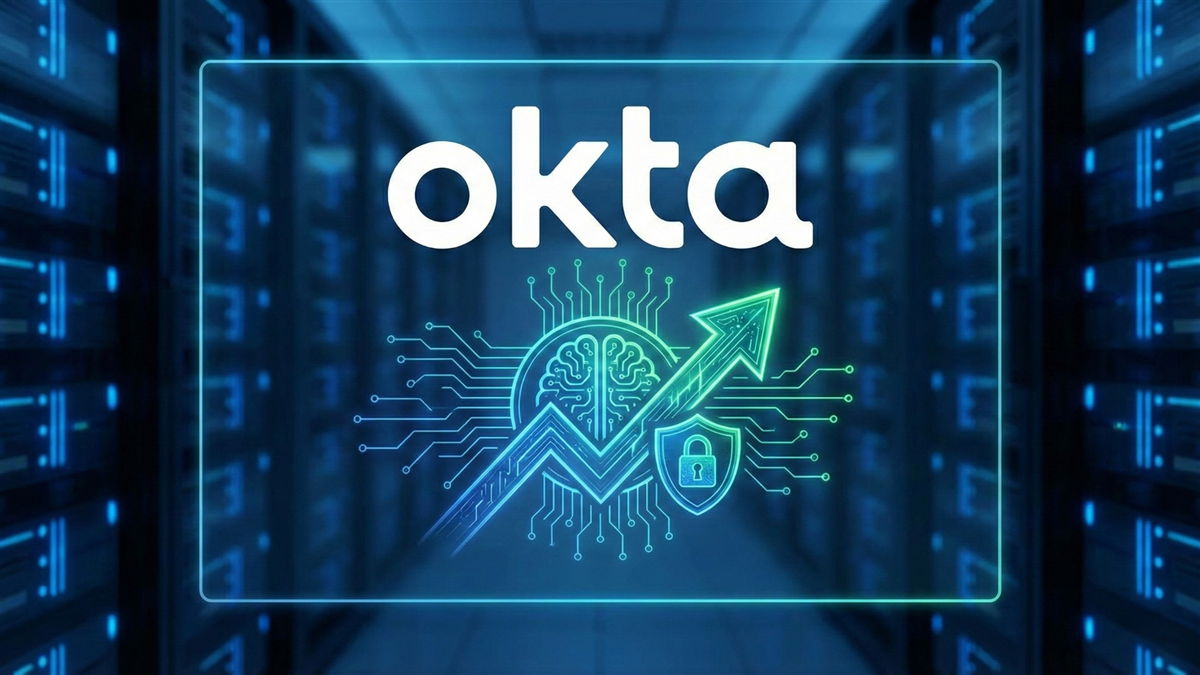 Okta logo over a digital circuit and upward arrow symbolizing stronger cybersecurity demand and improved FY2026 outlook.