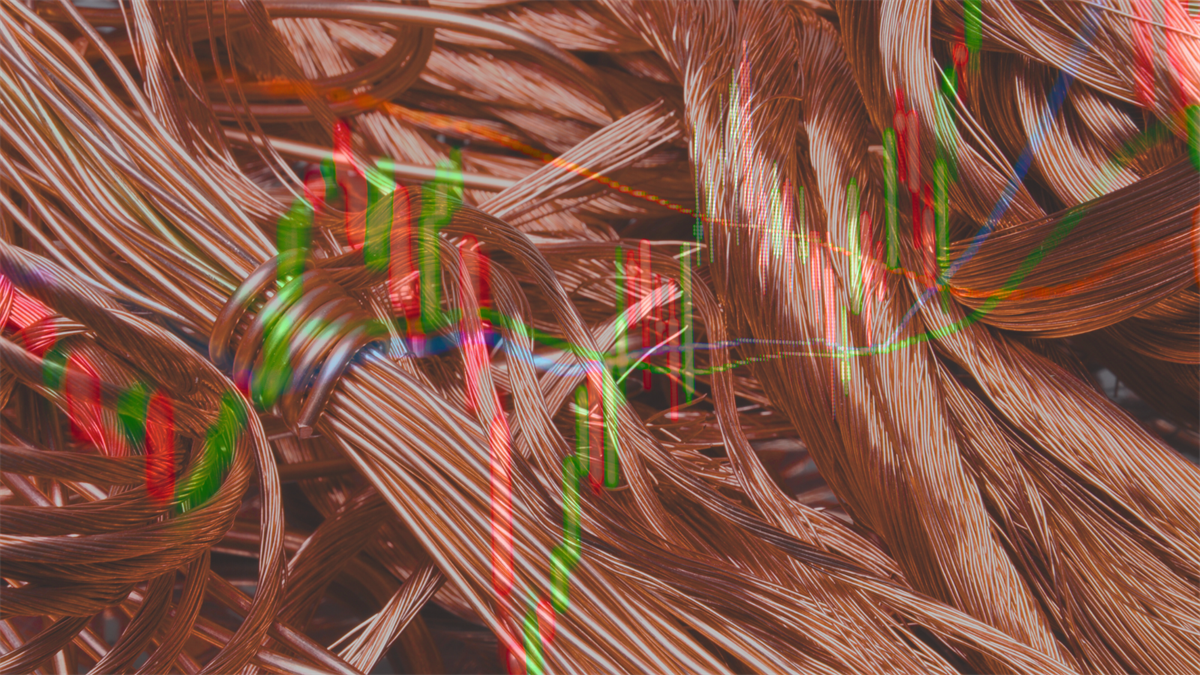 Close-up of tangled copper data cables with stock chart overlay symbolizing AI data center networking growth.