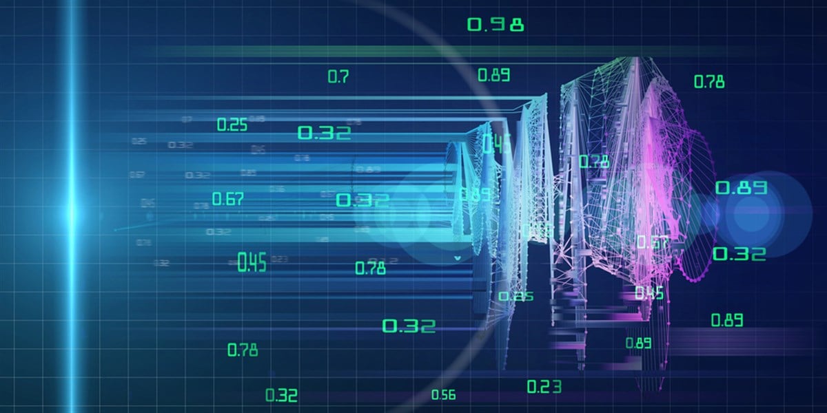 Abstract AI data visualization with numeric signals.