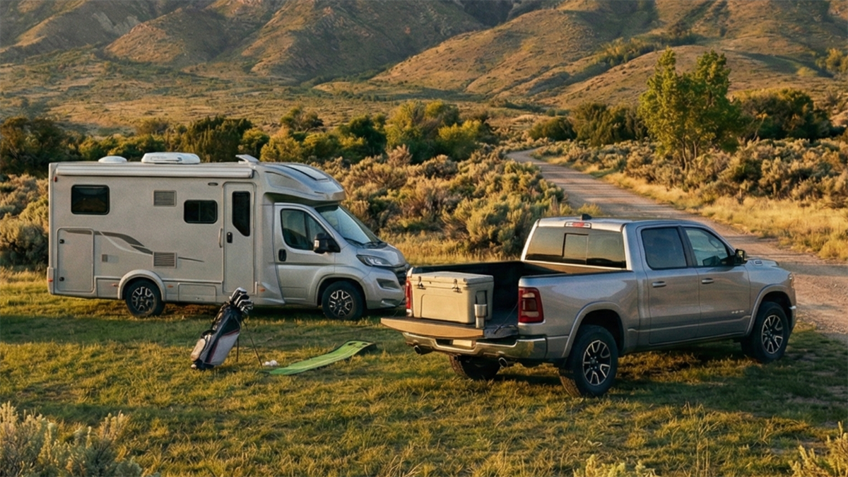 Recreational vehicle and pickup truck at a campsite highlight rising outdoor stock demand into 2026.